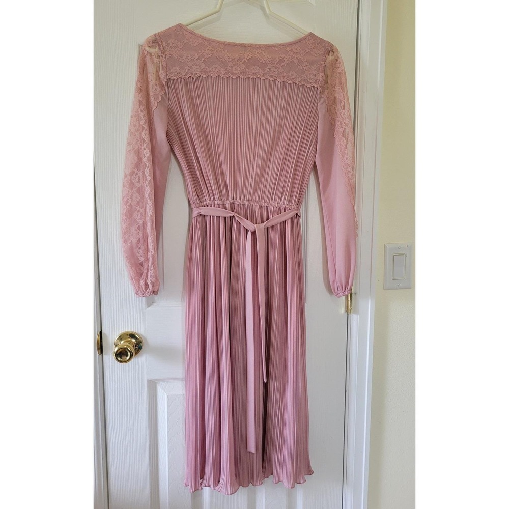 Vintage Hal Ferman Mauve Pink Pleated Lace Long Sleeve Midi Dress Size‎ 8